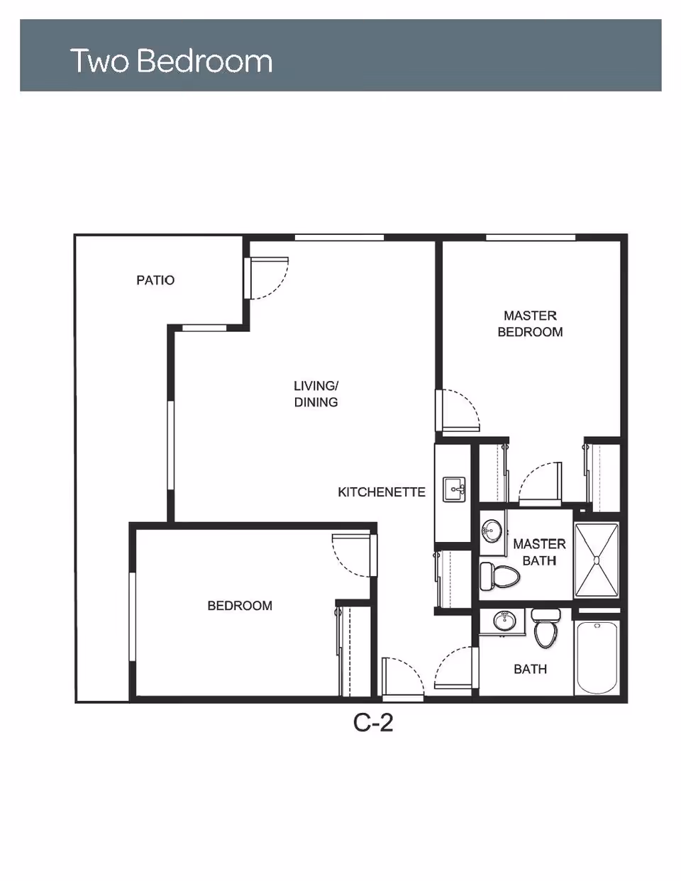 Floor plan labeled Two Bedroom showing a layout with a patio, living/dining area, kitchenette, master bedroom with master bath, a second bedroom, and a second bath.