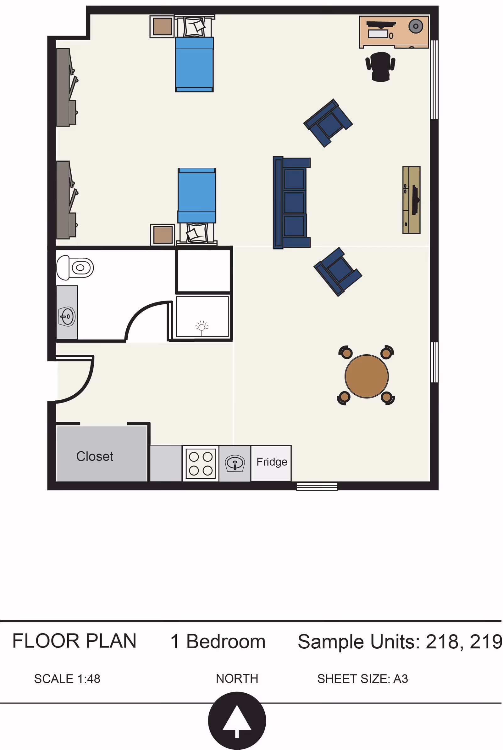 Floor plan of a one-bedroom assisted living unit showing a living area with sofa, two chairs, a desk, and a TV stand, a dining area with a round table and four chairs, a kitchen area with stove, sink, and fridge, a bathroom with toilet and sink, a closet, and two single beds in the bedroom area.