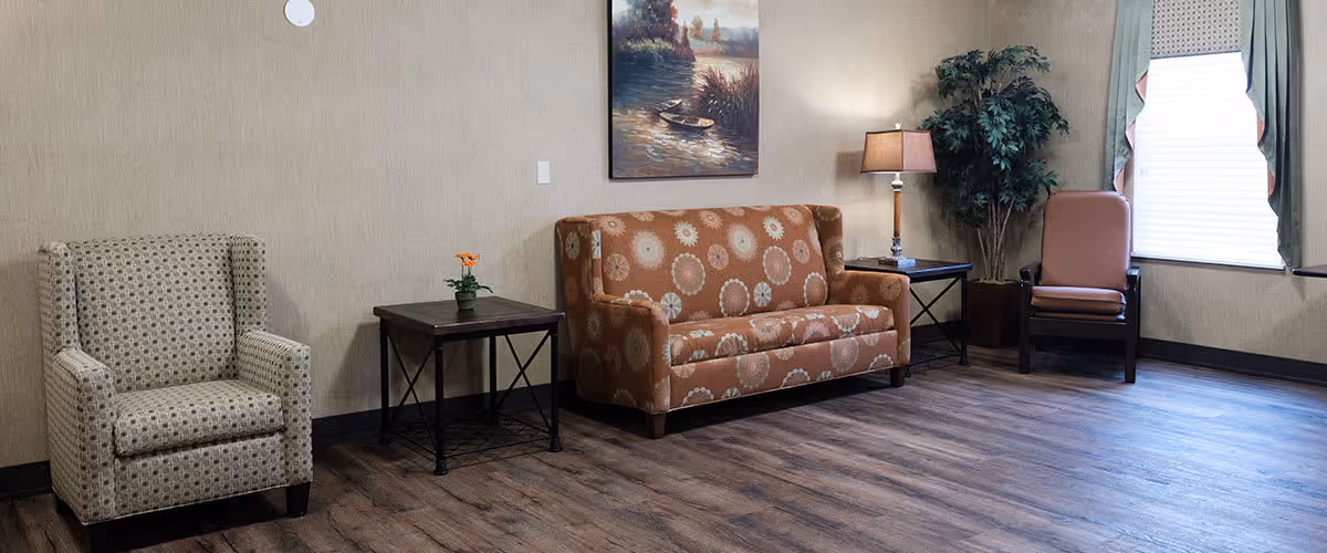 A cozy living room area with a patterned armchair on the left, a small dark wooden side table with a small potted plant, a patterned sofa with circular designs in the center, another dark wooden side table with a lamp, a tall green plant in the corner, and a single cushioned chair near a window with a white blind and green curtains.