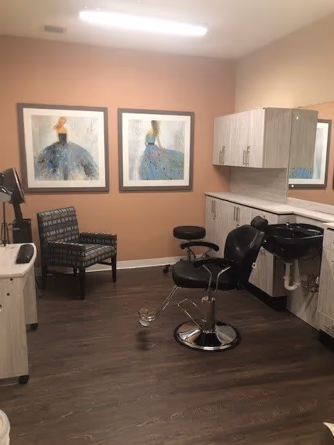 Interior of a salon room with a black salon chair and a black wash basin. There is a patterned armchair against a peach-colored wall with two framed paintings of women in blue dresses. Light wood cabinets and a mirror are on the right side of the room, and the floor is dark wood.