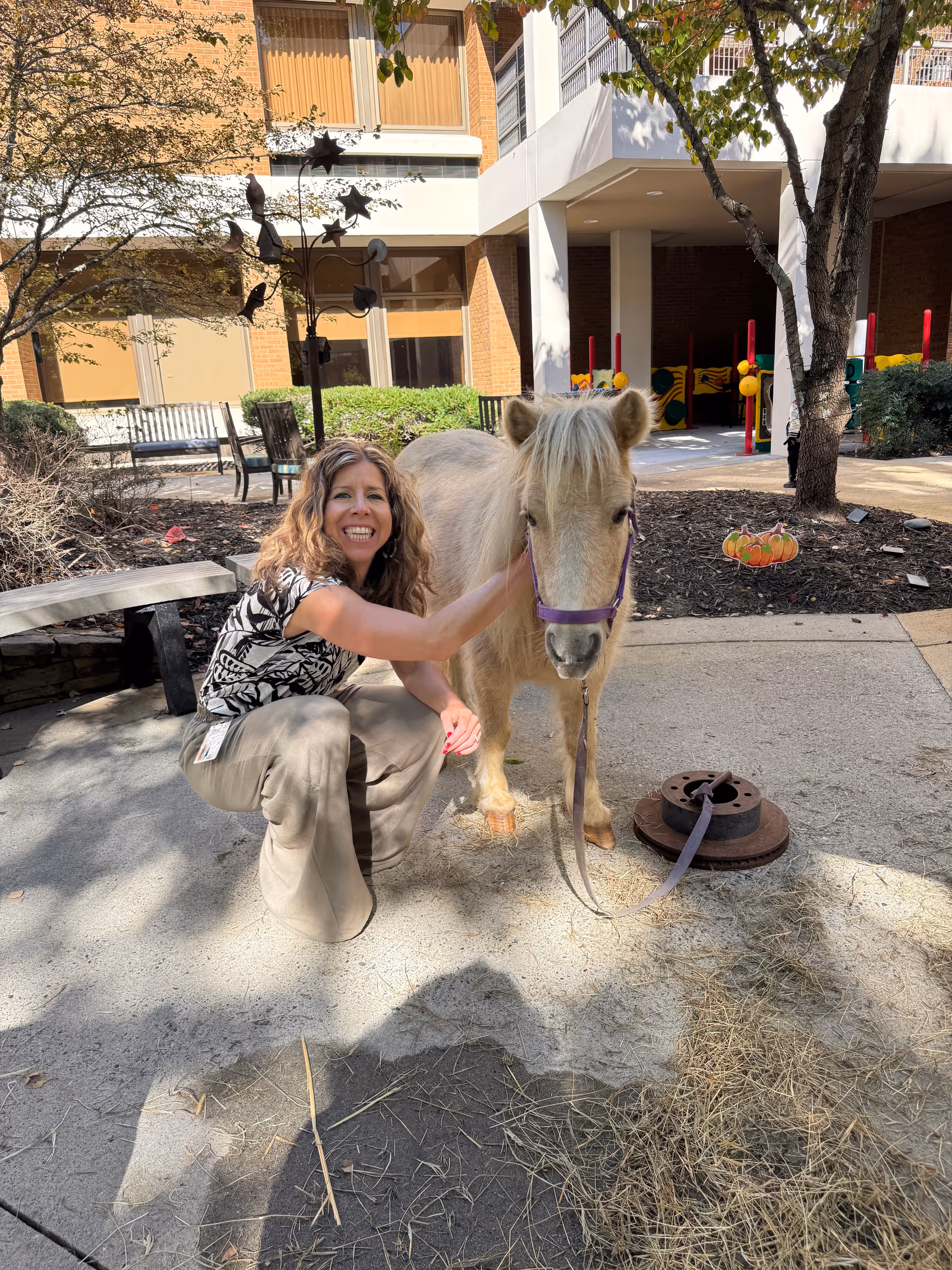 A woman with curly hair crouches next to a small light-colored pony wearing a purple halter in an outdoor courtyard area with trees, benches, and a building in the background.