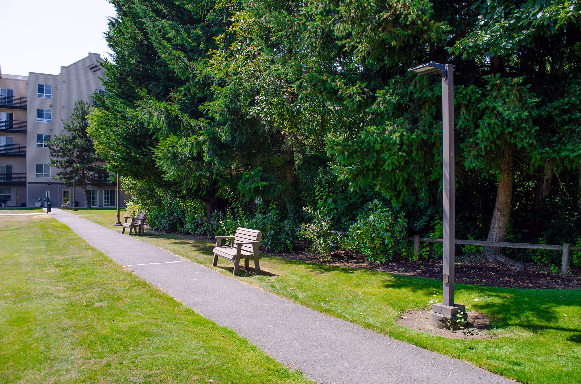 A paved walkway through a grassy courtyard with benches and lamp posts beside a multi-story retirement building and trees.