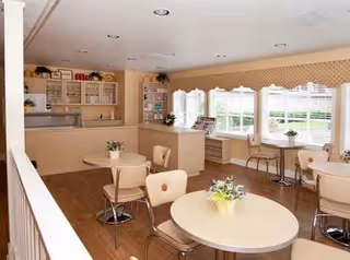 Bright, airy dining area with round tables, cream chairs, plants, and a service counter near windows.