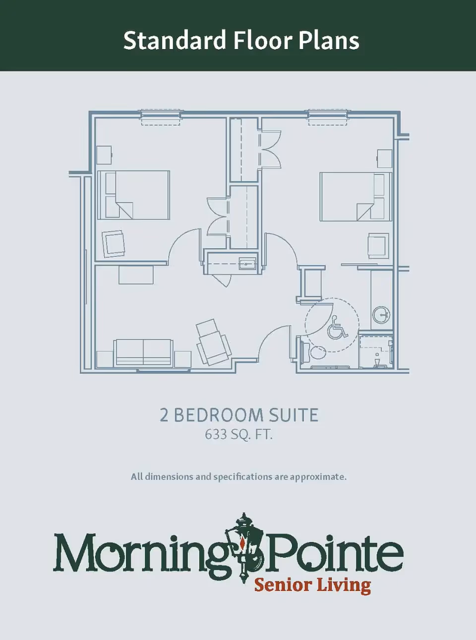 Floor plan layout of a 2 bedroom suite with 633 square feet, showing two bedrooms, a living area, and a bathroom with accessibility features.