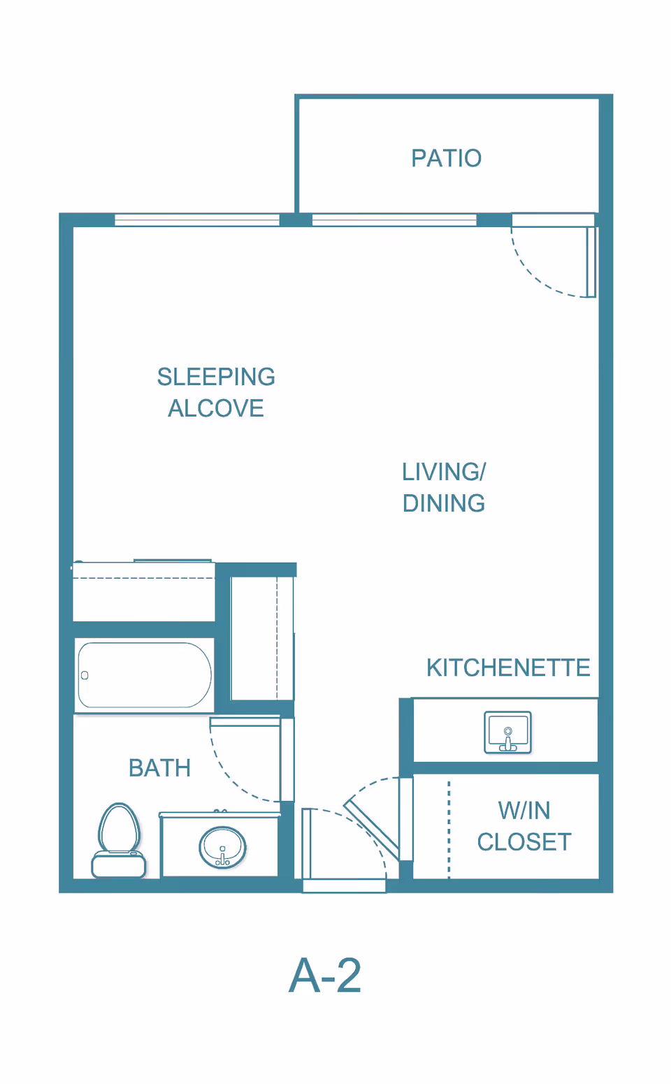 Floor plan labeled A-2 showing a studio layout with a sleeping alcove, living/dining area, kitchenette, walk-in closet, bathroom with bathtub, toilet, and sink, and a patio accessible from the living/dining area.