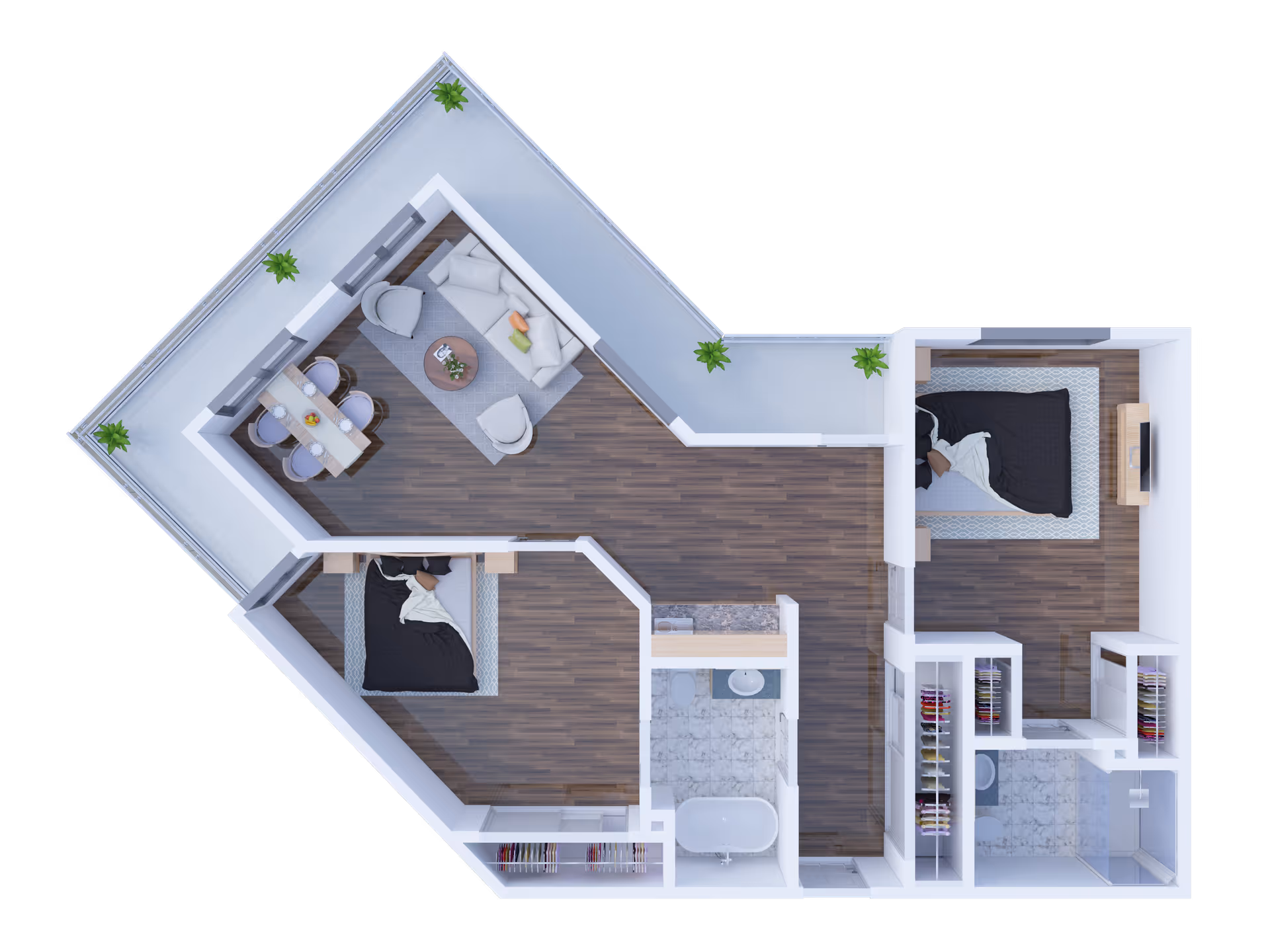 Top-down view of a two-bedroom apartment floor plan featuring a living room with a sofa, two armchairs, a coffee table, and a dining area with a table and four chairs. The apartment includes two bedrooms, one with a TV and the other with a window, a bathroom with a bathtub, and a separate shower area. There is also a balcony with potted plants surrounding the living and dining area.