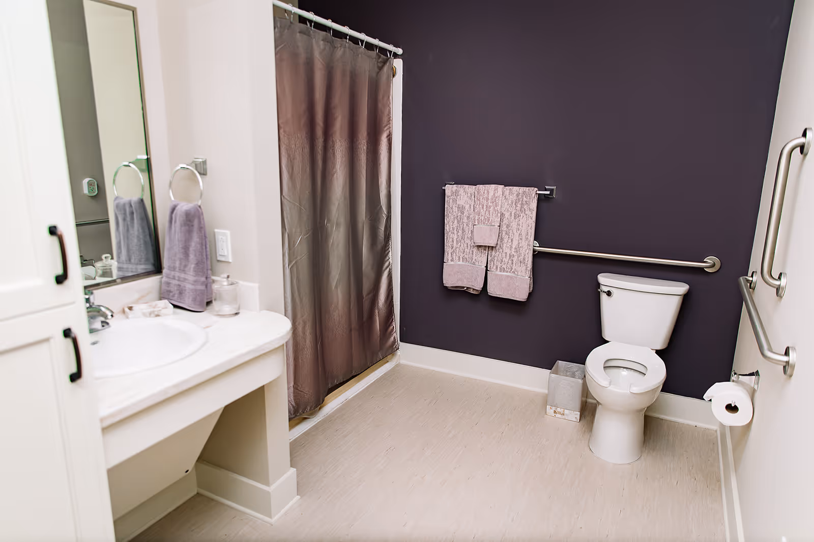 A clean and accessible bathroom with a white toilet, grab bars on the walls, a shower with a brown curtain, a sink with a mirror above it, and purple towels hanging on a towel rack and ring.