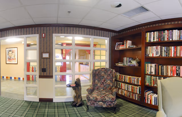 Cozy interior reading nook with bookshelves, a floral armchair, a small statue table, and a windowed wall looking into a hallway.