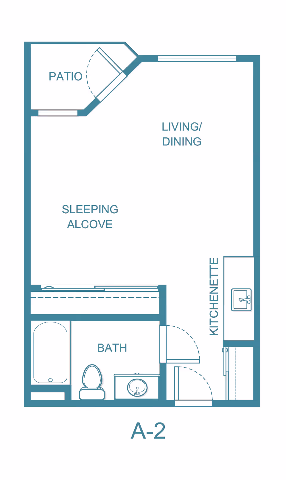 Floor plan layout of a studio apartment labeled A-2 at Solista Orem, showing a patio, living/dining area, sleeping alcove, kitchenette, and a bathroom with a bathtub, toilet, and sink.