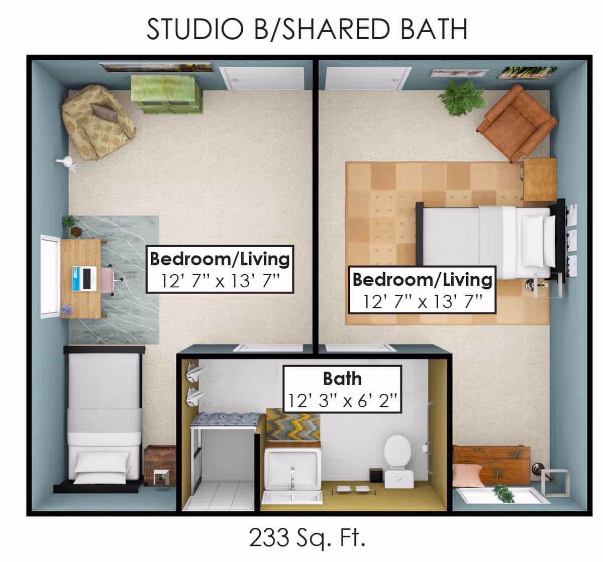 Floor plan of Studio B/Shared Bath at Oakwood Senior Living showing two bedroom/living areas each measuring 12'7" x 13'7" and a shared bathroom measuring 12'3" x 6'2". The left bedroom/living area includes a bed, desk with chair, armchair, and dresser. The right bedroom/living area includes a bed, armchair, side table, and dresser. The bathroom includes a sink, toilet, and shower area. Total area is 233 square feet.