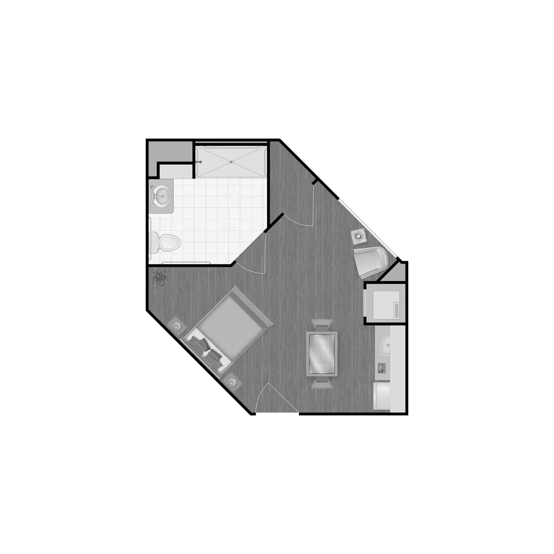 Top-down floor plan of a studio apartment showing a bathroom, bed area, kitchenette and living/dining area on a black background.