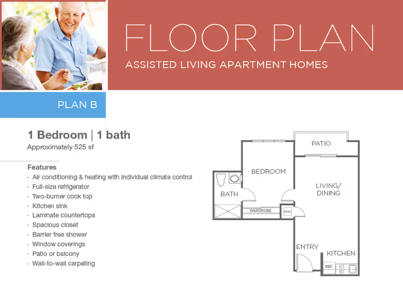 Floor plan for an assisted living apartment home labeled Plan B, featuring 1 bedroom and 1 bath, approximately 525 square feet. The layout includes a kitchen, living area, bedroom, bathroom, closet, and patio or balcony. The image also lists features such as air conditioning and heating with individual climate control, full-size refrigerator, two-burner cooktop, kitchen sink, laminate countertops, spacious closet, barrier-free shower, window coverings, patio or balcony, and wall-to-wall carpeting. There is a photo of an elderly man and woman smiling and talking in the top left corner.