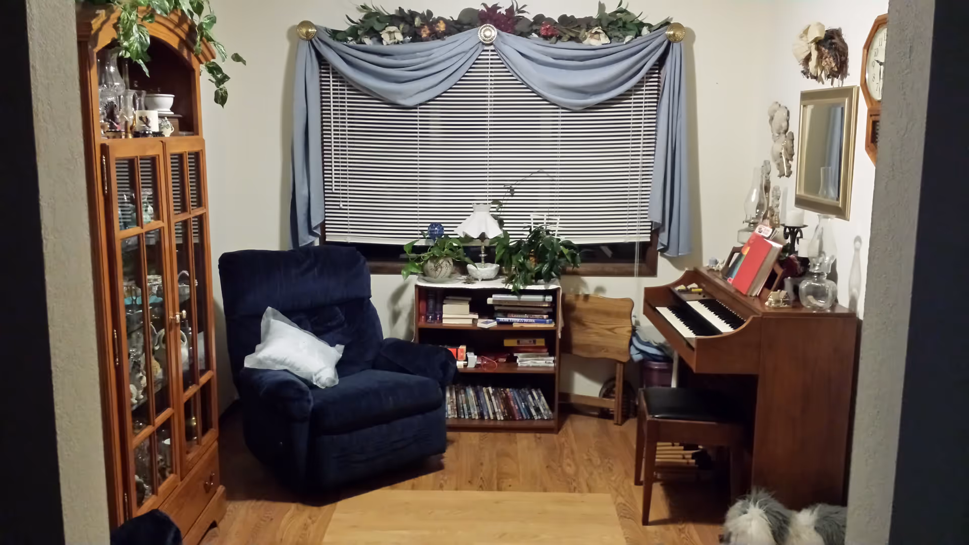 A cozy living room area with a dark blue recliner chair with a white pillow, a wooden bookshelf filled with books and plants, a wooden piano with a bench, and a glass-front wooden cabinet displaying various decorative items. The window behind the bookshelf has closed blinds and is adorned with a blue swag curtain with floral decorations on top. A small dog is lying on the floor near the piano.