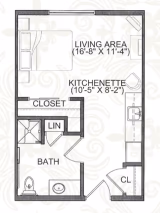 Floor plan of a senior living unit at Heritage Senior Campus showing a living area with a bed, a kitchenette, a closet, a bathroom with a toilet and shower, and additional storage spaces labeled LIN and CL.