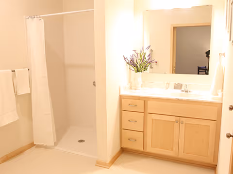 Bright bathroom with a walk-in shower, light wood vanity with sink and mirror, towel rack, and a vase of flowers.