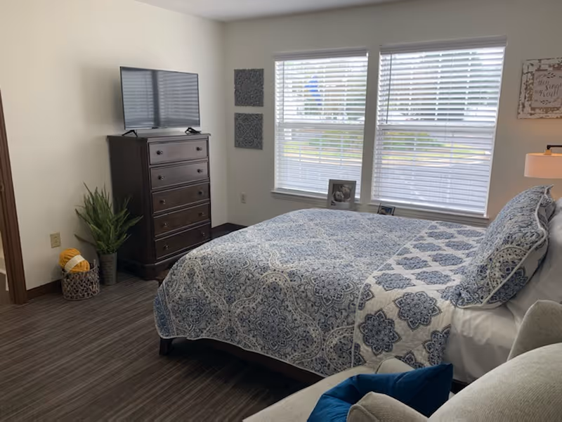 A bedroom with a bed covered in a blue and white patterned quilt and matching pillows. There is a dark wooden dresser with a flat-screen TV on top, a potted plant, and a basket with yarn balls in the corner. Two windows with white blinds let in natural light. Wall decorations include two square gray panels and a framed sign. A beige armchair with a blue pillow is partially visible in the foreground.