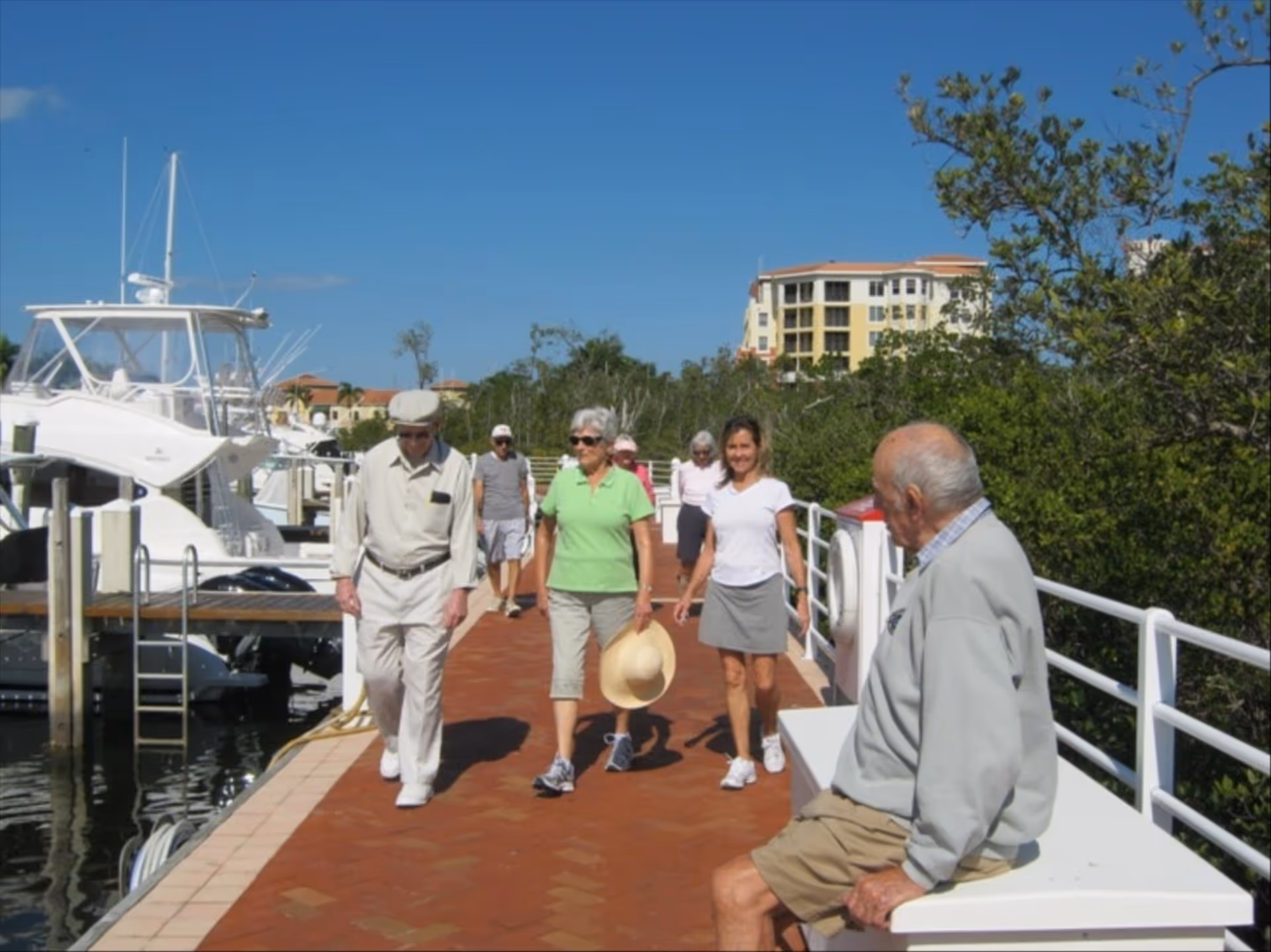 A group of elderly people walking and sitting along a marina dock with boats moored on the left side and greenery on the right side under a clear blue sky.