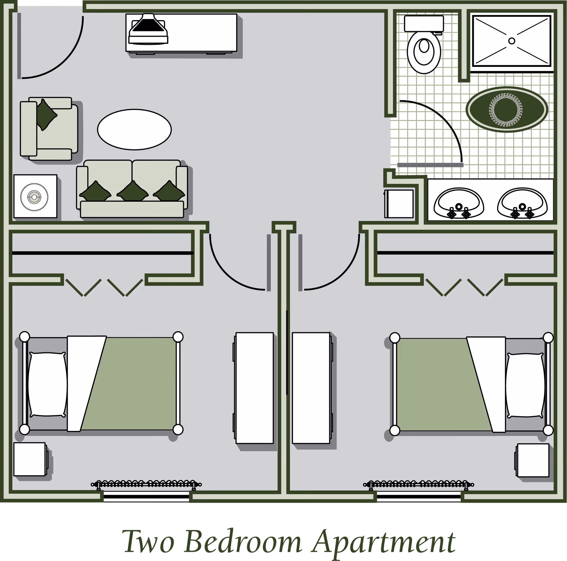 Floor plan of a two-bedroom apartment showing two bedrooms with beds and nightstands, a living room with a sofa, armchair, coffee table, and TV stand, and a bathroom with a toilet, shower, double sink, and an oval rug.