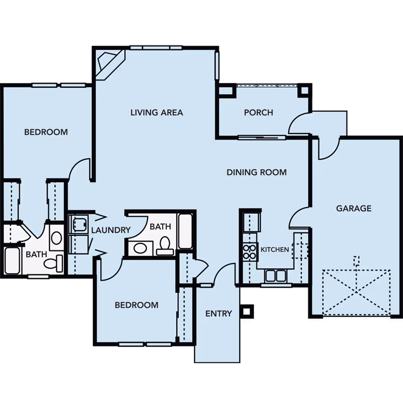 Blue floor plan diagram of a single-level apartment showing labeled living area, dining room, kitchen, two bedrooms, two bathrooms, laundry, porch, entry, and attached garage.