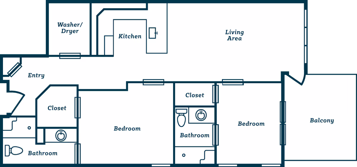 Floor plan of an apartment at Everlan of Hixson showing an entry area, washer/dryer space, kitchen, living area, two bedrooms each with a closet, two bathrooms, and a balcony.