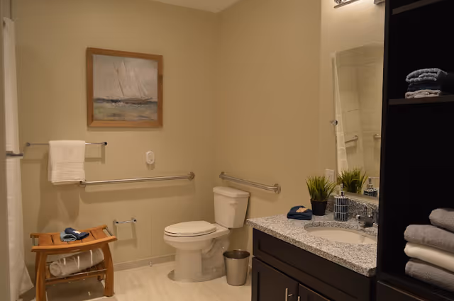 Accessible bathroom with a toilet, wall grab bars, a vanity with sink and mirror, towel rack, shelving with folded towels, and a small wooden stool.