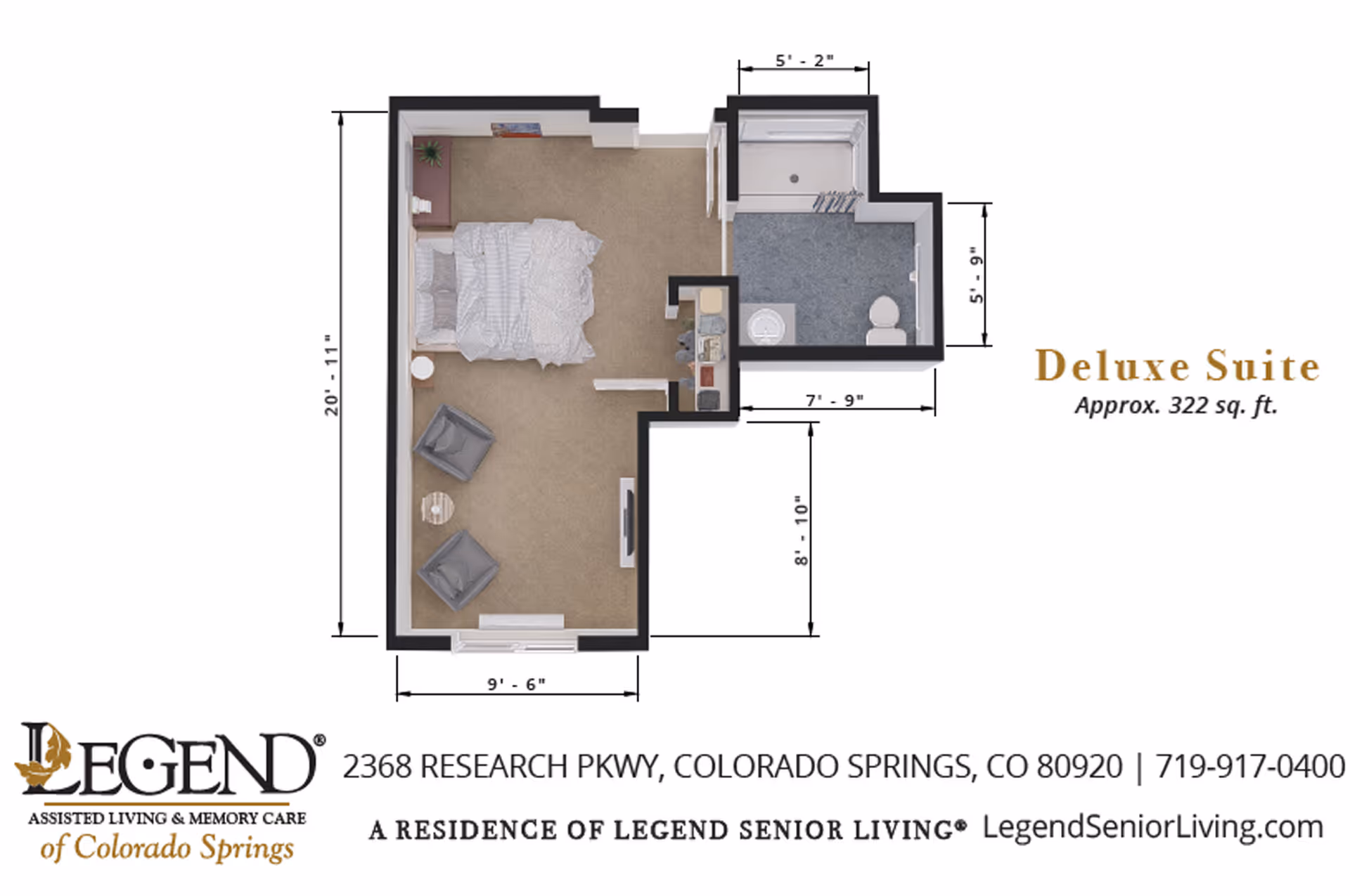 Floor plan of a Deluxe Suite at Legend of Colorado Springs showing a combined bedroom and living area with a bed, two chairs, a small table, and a bathroom with a shower, sink, and toilet. Dimensions of the suite and bathroom are labeled.