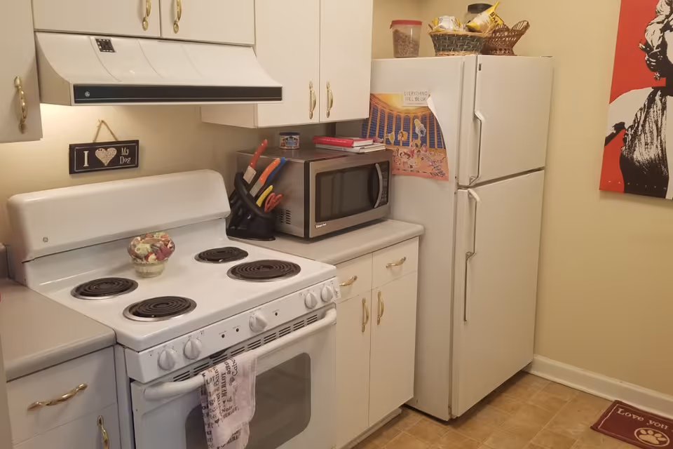 A small kitchen area featuring a white electric stove with four coil burners, a microwave on the countertop, a white refrigerator, and white cabinets with gold handles. There is a small decorative sign on the wall that says 'I love my dog,' a colorful knife set, and a red and white towel hanging on the oven handle. A basket with snacks is on top of the refrigerator, and a red and black artwork is partially visible on the wall to the right.