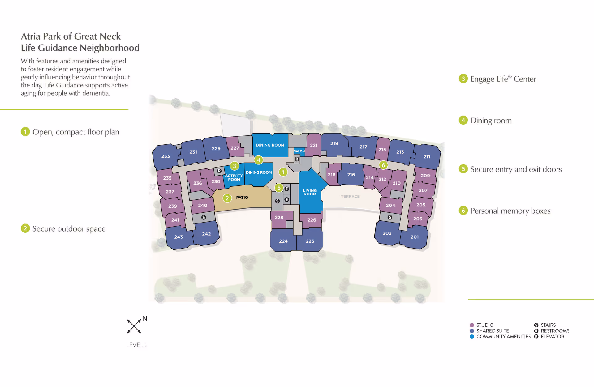 Floor plan of Atria Park of Great Neck Life Guidance Neighborhood showing an open, compact layout with secure outdoor space, dining rooms, an activity room, a living room, patio, terrace, secure entry and exit doors, and personal memory boxes. The plan includes studio, shared suite, and community amenities, with stairs, restrooms, and elevator locations marked.