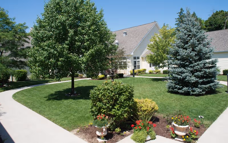 Sunny landscaped courtyard with curved sidewalks, green lawn, trees, shrubs, and a light-colored building in the background.