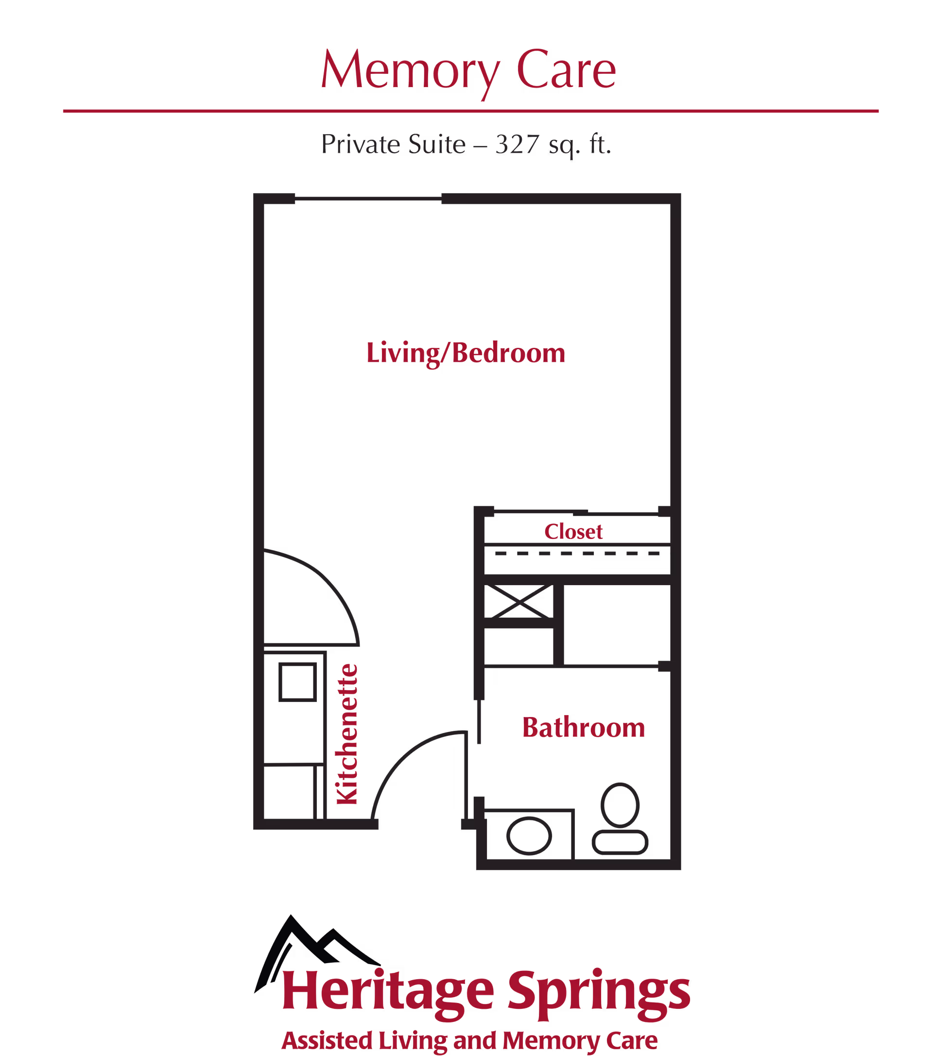 Floor plan on a black background labeled 'Memory Care' showing a private suite with a living/bedroom, kitchenette, closet, and bathroom.