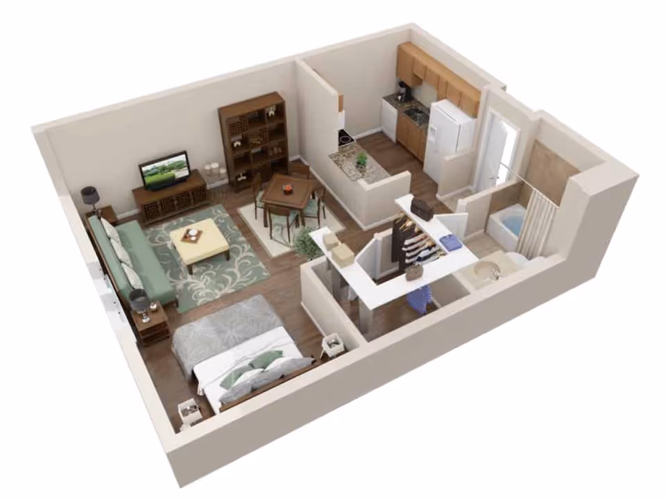 3D floor plan of a small apartment featuring a bedroom with a bed and nightstands, a living room with a sofa, coffee table, TV, and bookshelf, a dining area with a table and four chairs, a kitchen with cabinets, refrigerator, stove, and sink, and a bathroom with a bathtub, sink, and toilet.