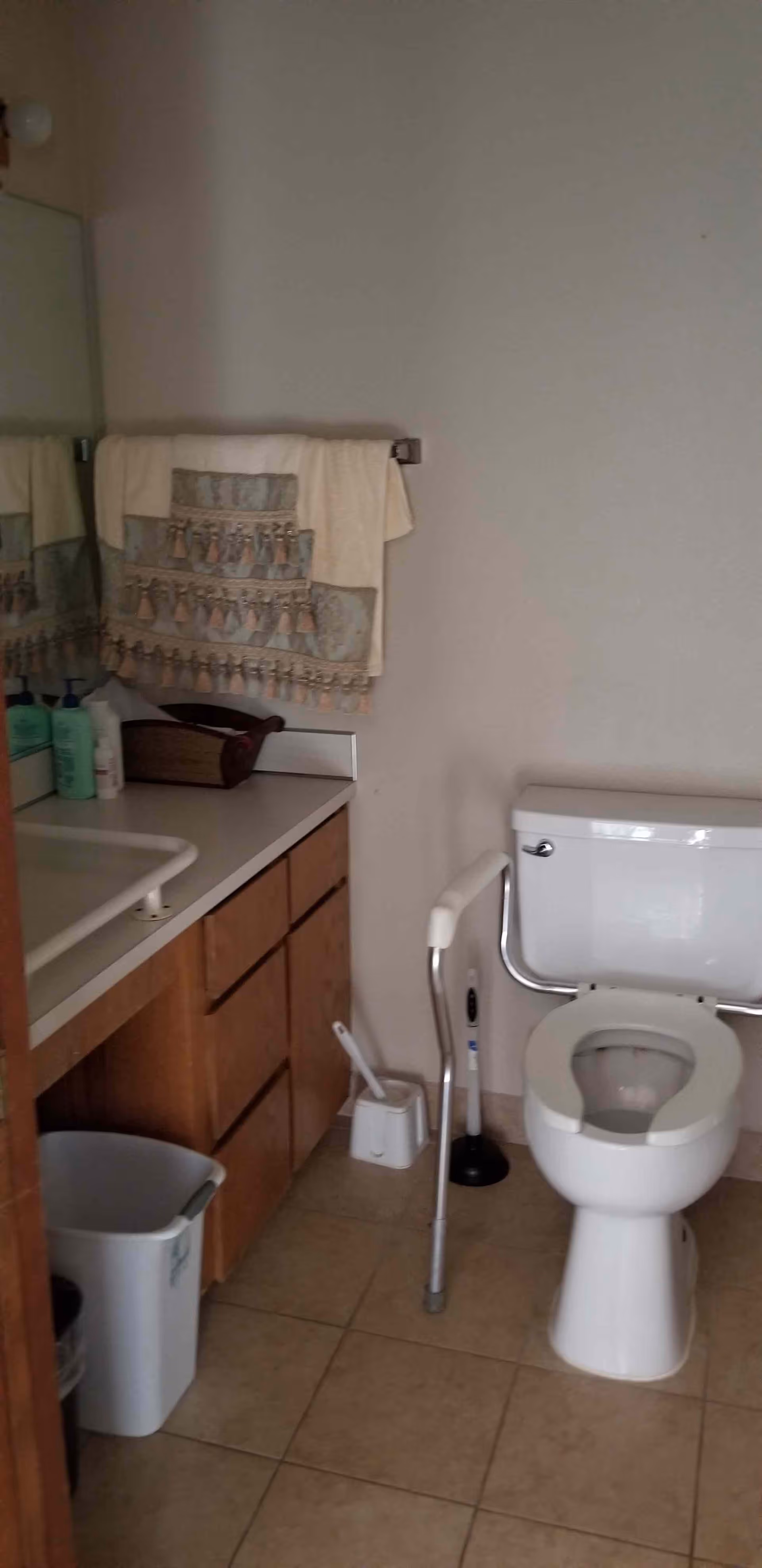 A bathroom with a white toilet equipped with a safety grab bar, a toilet brush and plunger nearby, a countertop with a sink, wooden cabinets underneath, a trash can, and towels hanging on a rack above the counter.