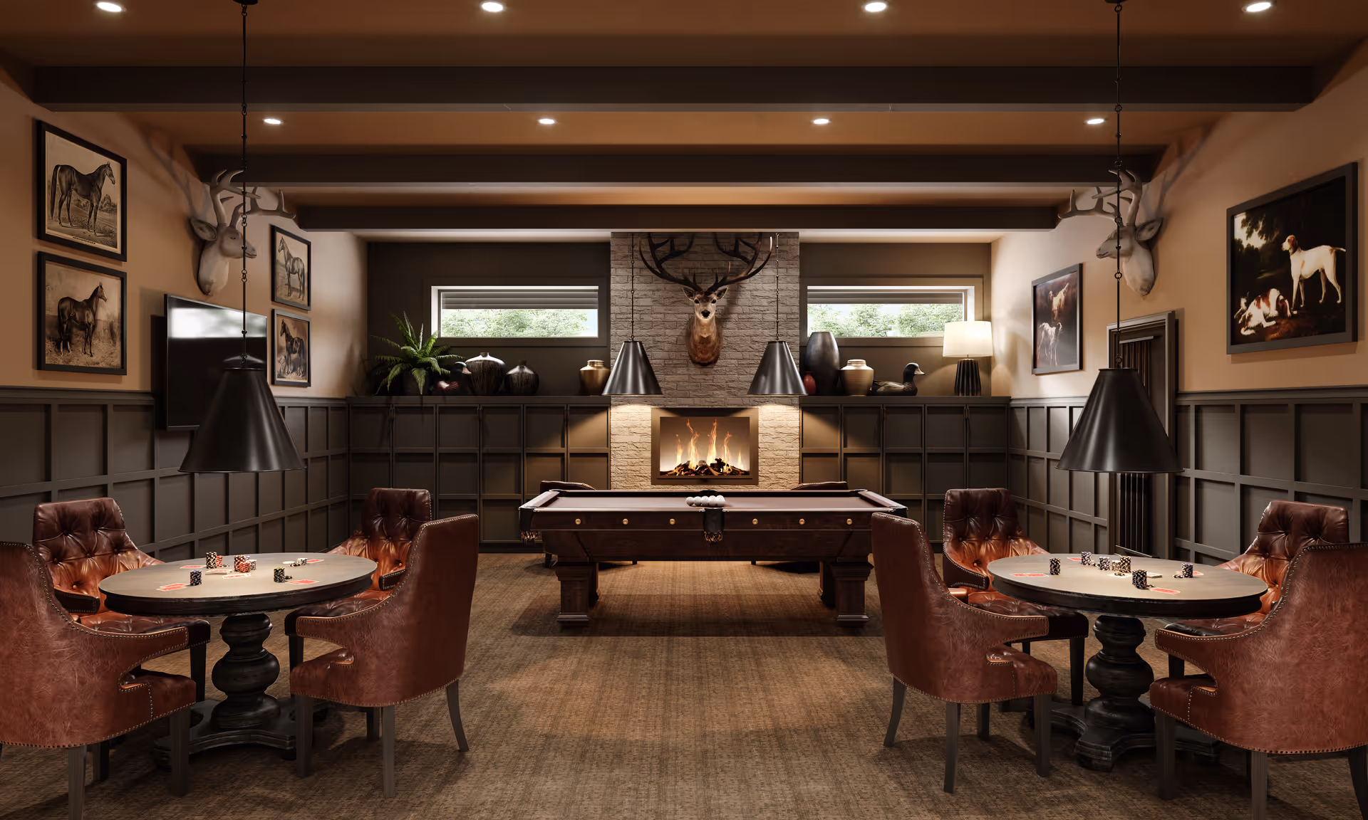 Game room featuring a pool table, two round poker tables with leather chairs, a fireplace and a mounted deer head.
