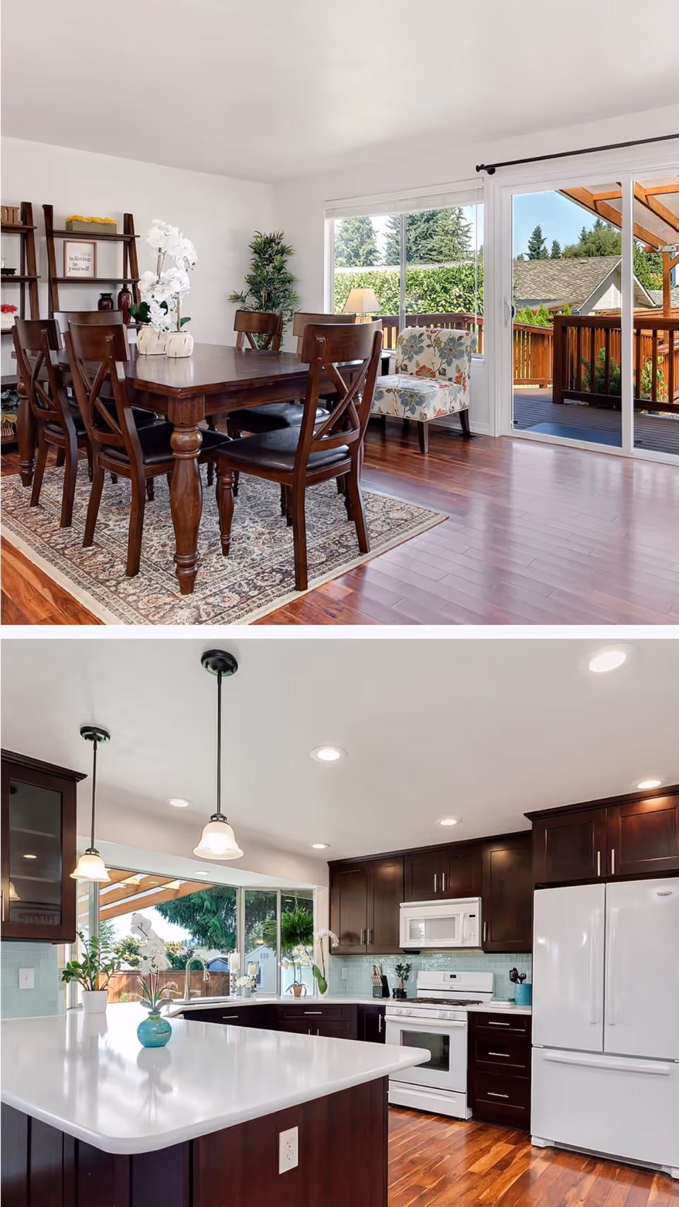 Top image shows a dining room with a wooden table and six chairs on a patterned rug, a floral armchair near a large sliding glass door leading to a wooden deck outside. Bottom image shows a modern kitchen with dark wood cabinets, white countertops, white appliances including a refrigerator, stove, and microwave, pendant lights, and a large window with a view of the outdoor deck.
