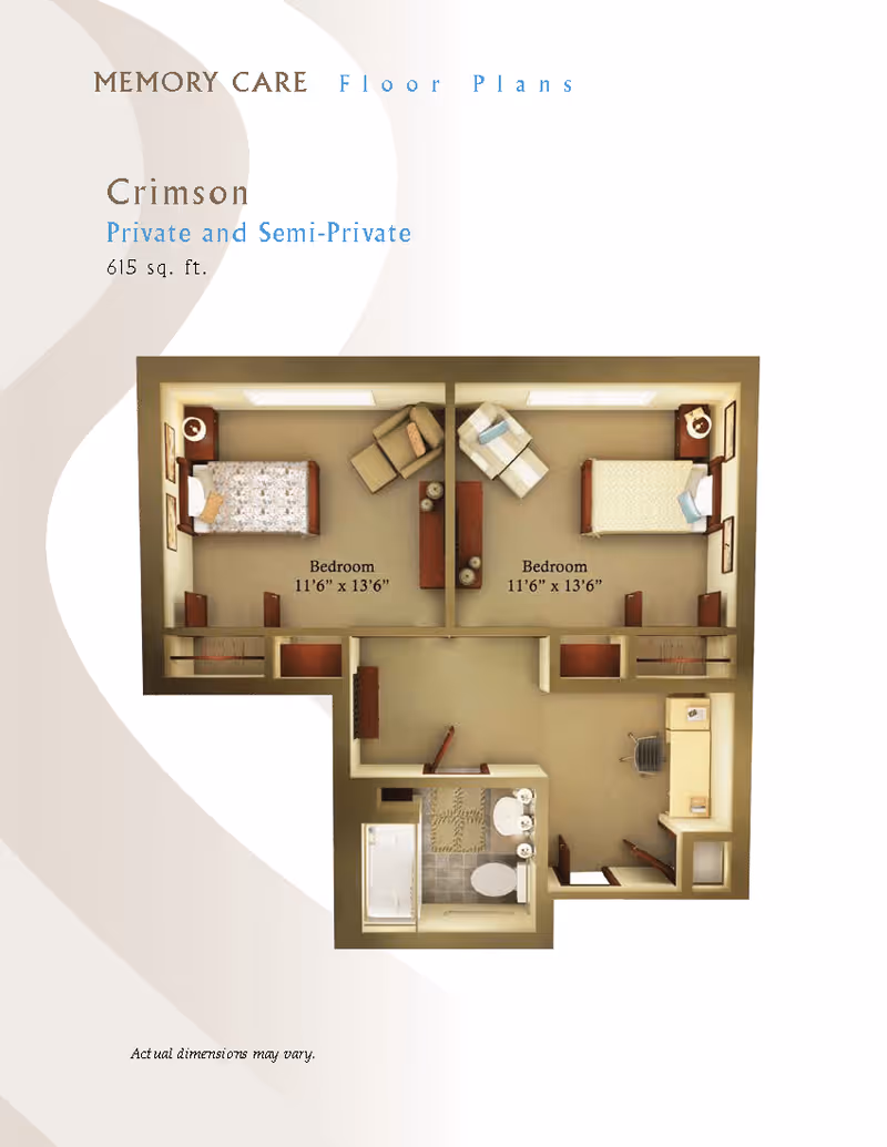 Floor plan for Crimson memory care unit showing private and semi-private bedrooms each measuring 11'6" x 13'6". The layout includes two bedrooms, a shared bathroom with a bathtub, toilet, and sink, and a small office or desk area. The total area is 615 square feet.