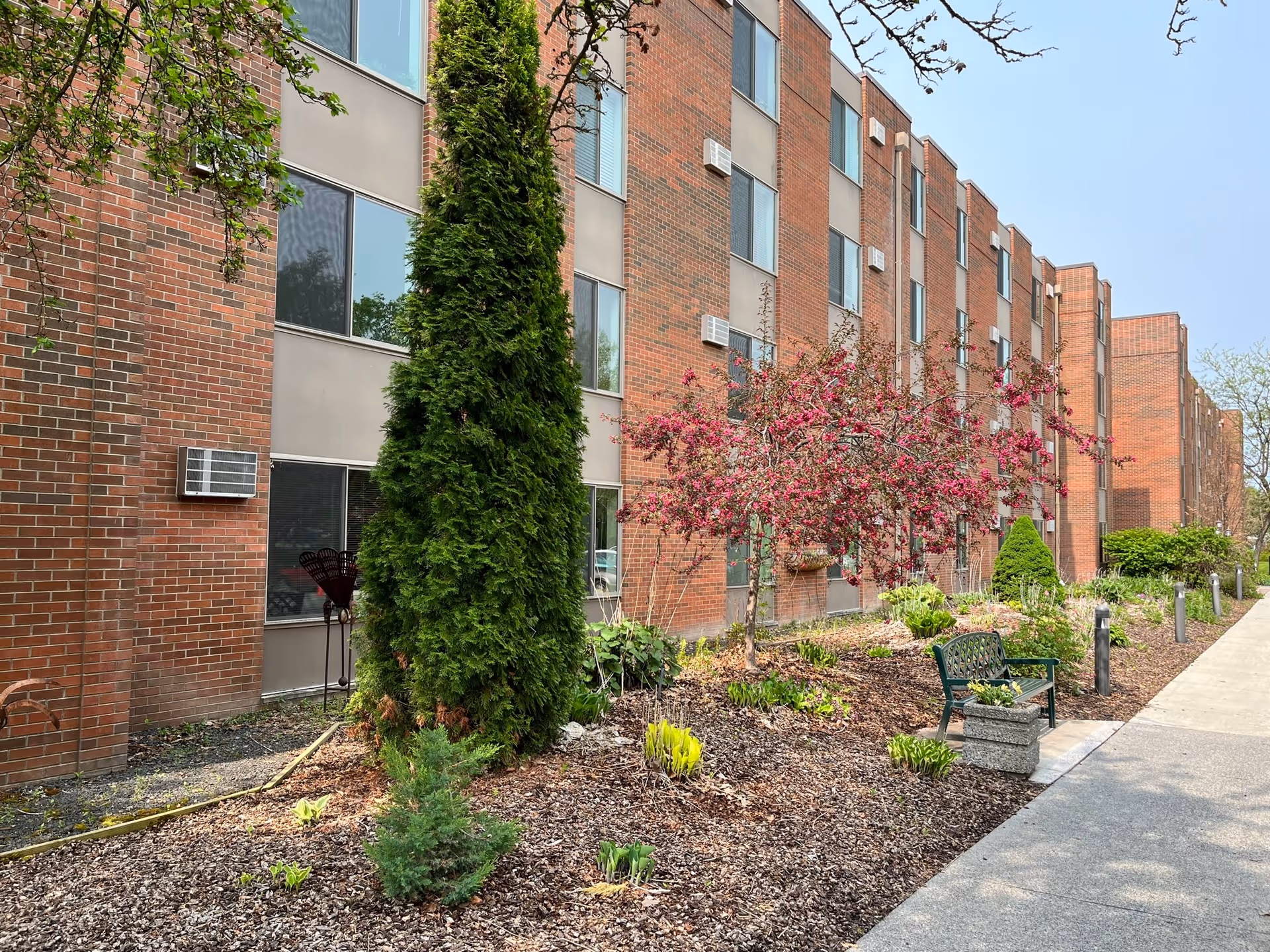 Exterior view of a multi-story brick building with several windows and air conditioning units. In front of the building is a landscaped garden area with a variety of plants, including a tall evergreen tree and a flowering tree with pink blossoms. A green bench and a concrete planter are situated along a paved walkway beside the garden.