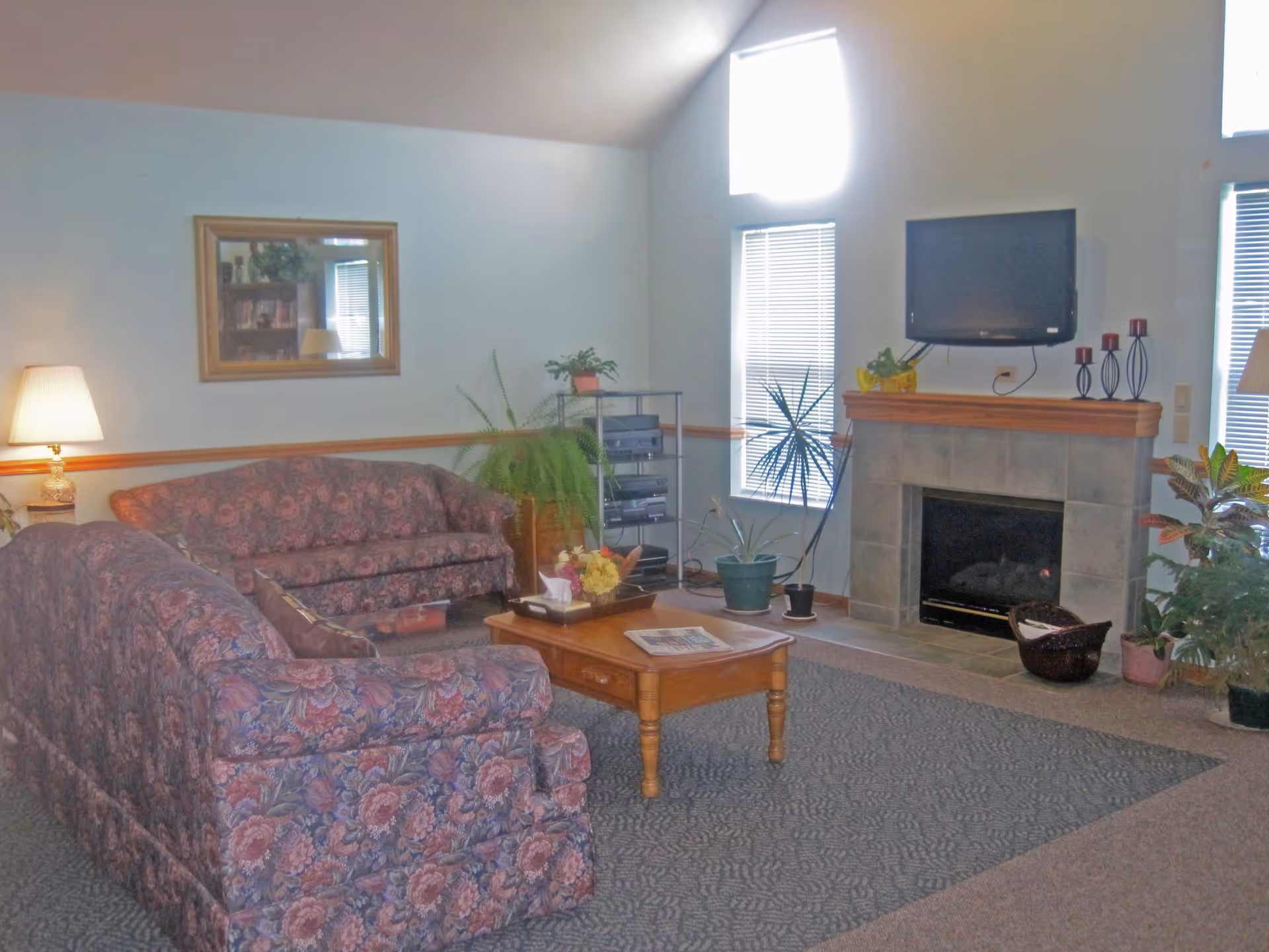 A cozy living room with two floral patterned sofas facing a wooden coffee table. The room features a fireplace with a mounted flat-screen TV above it, several potted plants, a floor lamp, and a mirror on the wall. Large windows allow natural light to brighten the space.