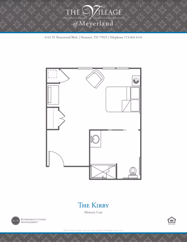 Black-and-white floor plan titled 'The Kirby' showing a memory-care studio layout with a bed, seating area, closet, and bathroom.