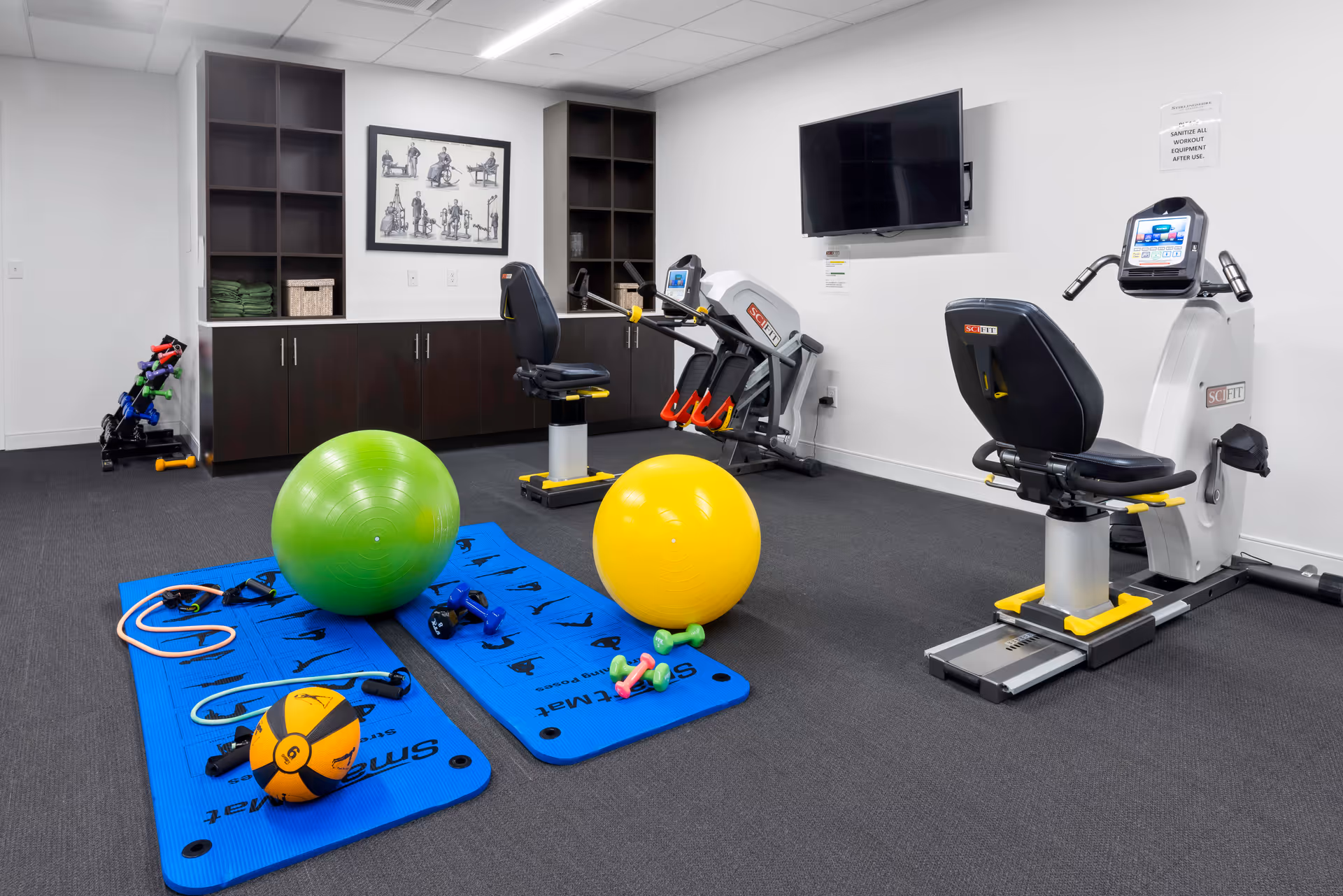 A fitness room with exercise equipment including two recumbent stationary bikes, two blue exercise mats with various small weights and resistance bands, a green exercise ball, and a yellow exercise ball. There are dark wood cabinets and shelves against the back wall, a flat-screen TV mounted on the wall, and a framed artwork above the cabinets.