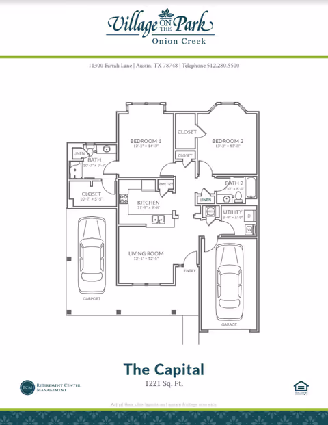 Black-and-white floor plan titled "The Capital" for Village on the Park Onion Creek showing two bedrooms, two bathrooms, kitchen, living room, carport and garage.