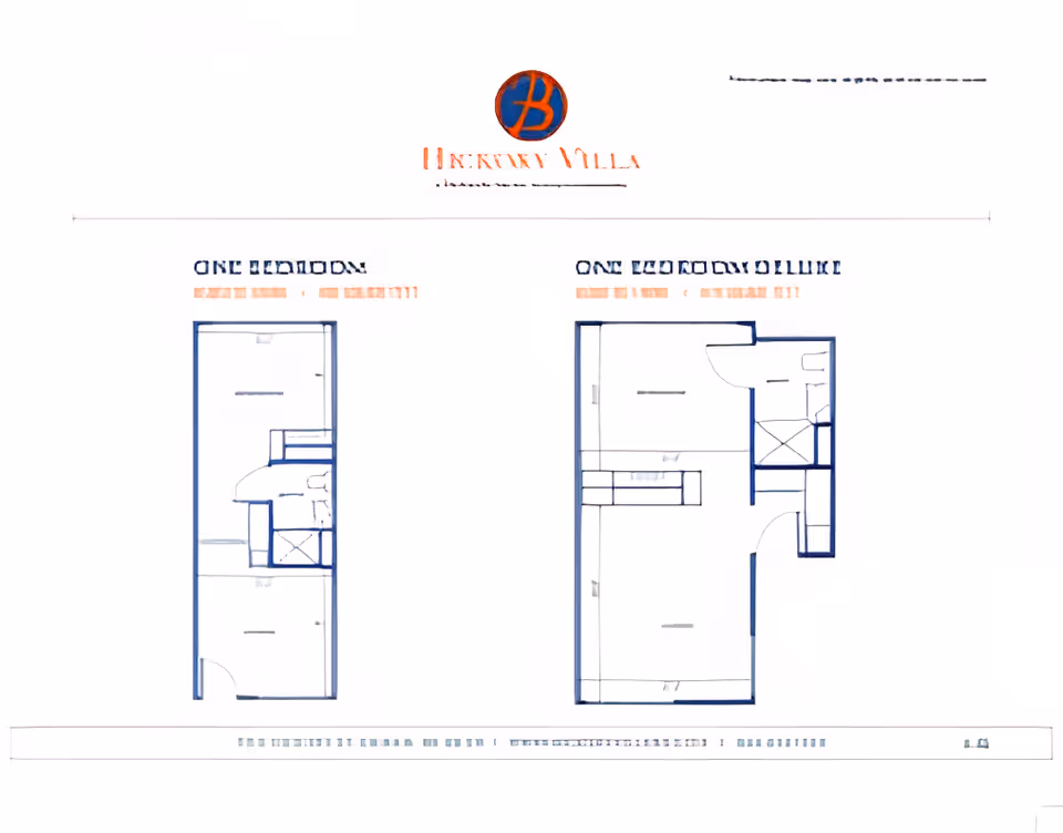 Floor plan layout image showing two apartment options at Hickory Villa Assisted Living: a one-bedroom unit and a one-bedroom deluxe unit, each with labeled rooms and dimensions.
