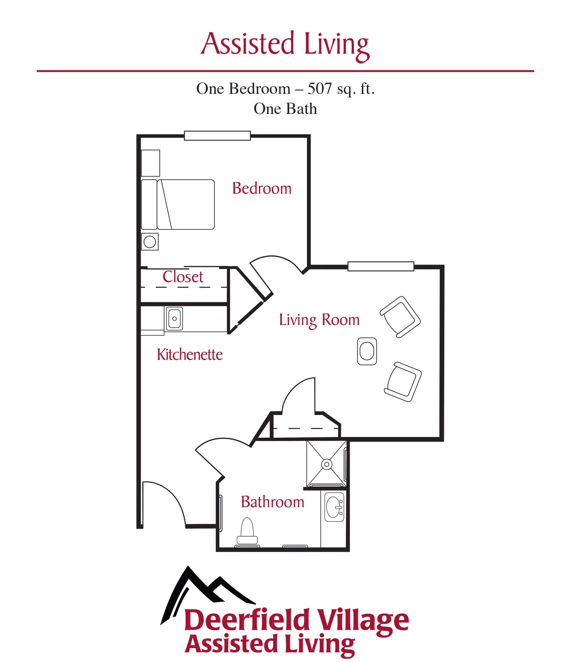 Black graphic floor plan of a one-bedroom, one-bath assisted living apartment labeled Deerfield Village Assisted Living.