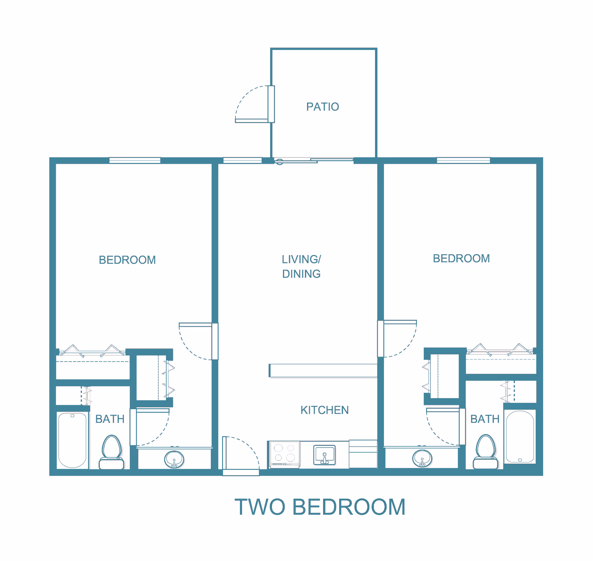 Floor plan of a two-bedroom apartment with two bathrooms, a combined living and dining area, a kitchen, and a patio.