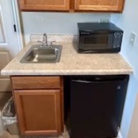 Small kitchenette area with a stainless steel sink, a black microwave on the countertop, wooden cabinets above and below the counter, and a black mini refrigerator underneath the counter.
