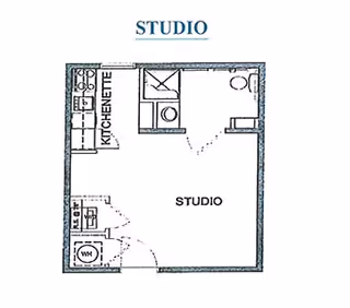 Architectural floor plan of a studio apartment at The Village at Southlake, showing a kitchenette, bathroom, and main studio living area.