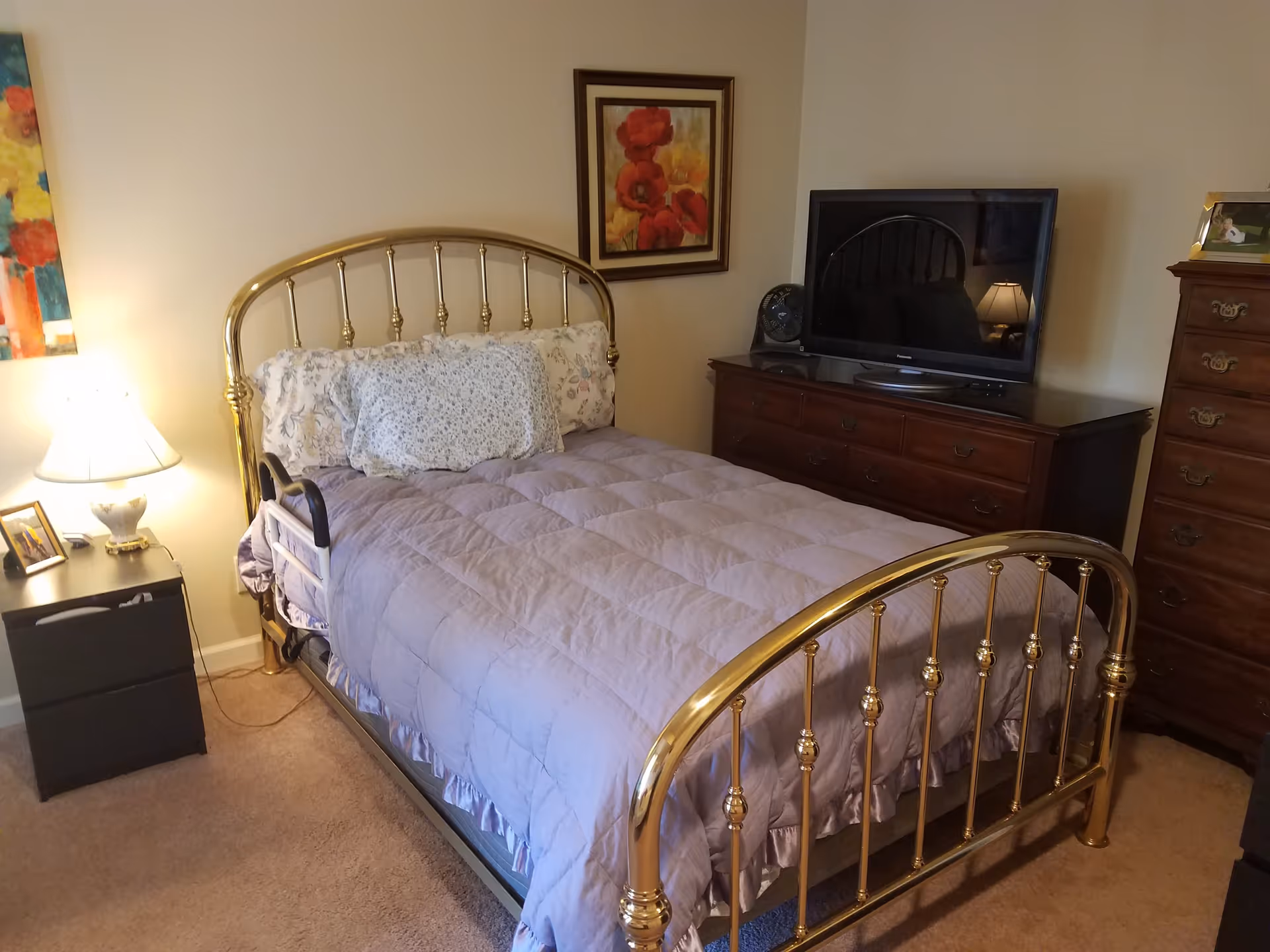 Bedroom with a brass metal bed dressed in a lavender comforter, a bedside table with lamp, and a dresser topped by a television.