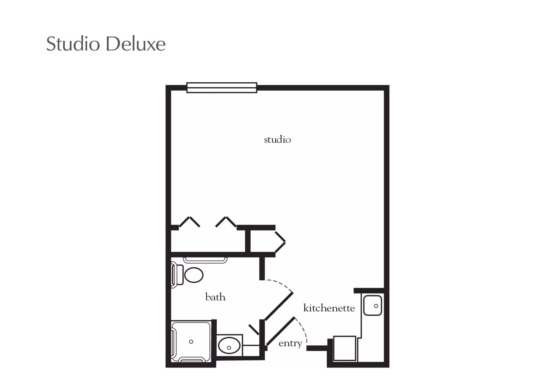Floor plan layout of a Studio Deluxe apartment showing a studio area, bath, kitchenette, and entry.