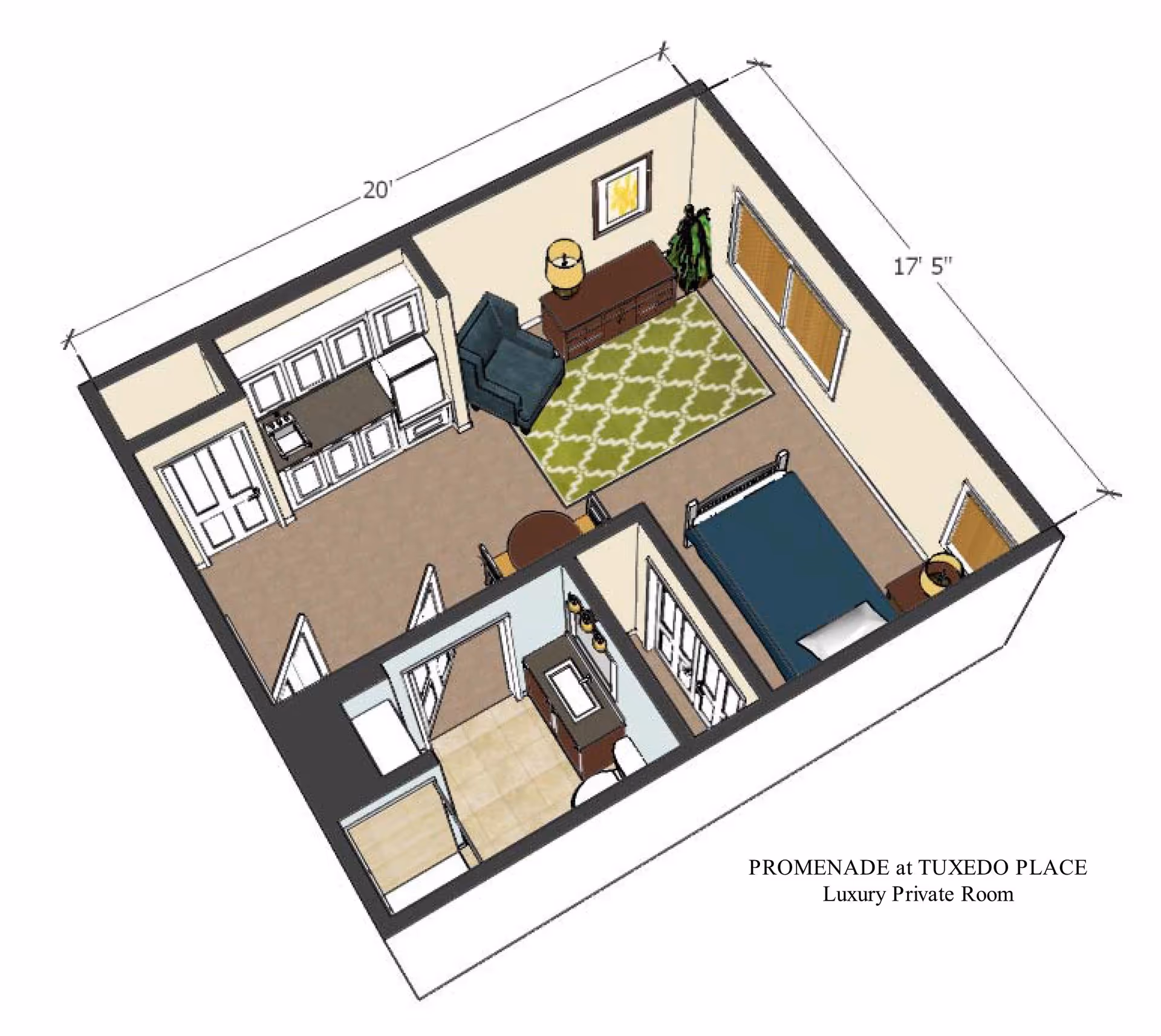3D floor plan of a luxury private room at Promenade at Tuxedo Place, showing a bedroom with a bed, nightstand, and dresser, a living area with a chair, rug, and cabinet, a small kitchen area with cabinets and appliances, and a bathroom with a sink and toilet. Dimensions of 20 feet by 17 feet 5 inches are indicated.