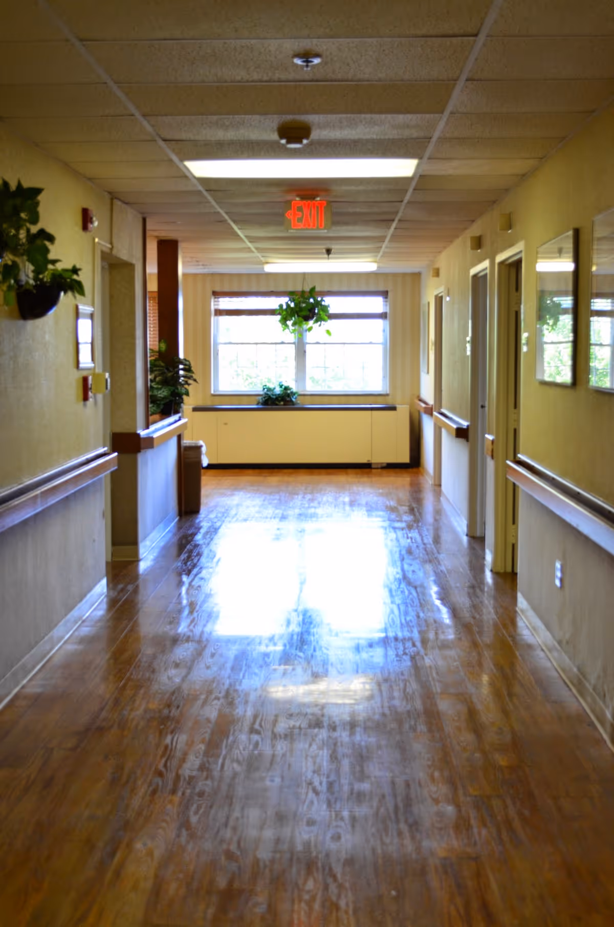 Well-lit polished wooden hallway in a nursing facility with handrails, potted plants, and an exit sign at the far end.