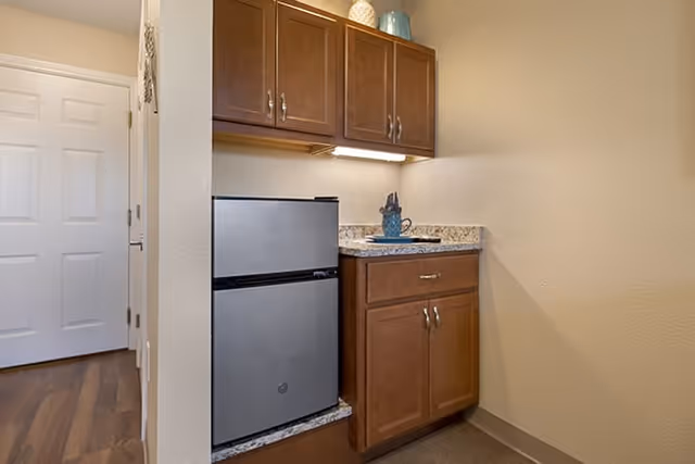 Small kitchenette area with a compact refrigerator, wooden cabinets above and below a granite countertop, and a few decorative items on the counter. A white door and wooden floor are visible in the background.
